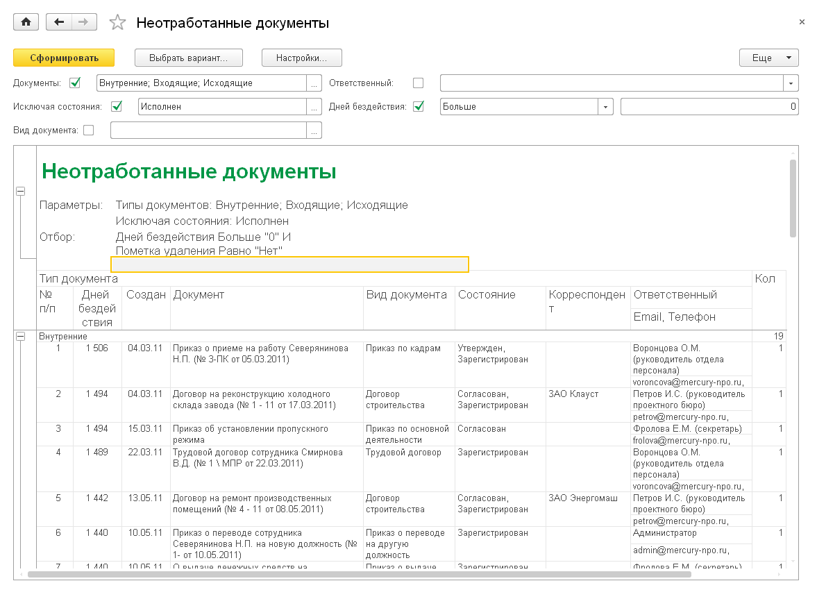 3.20. Отчет «Неотработанные документы» :: 1С:Документооборот КОРП для  Беларуси. Описание. Ред. 2.1