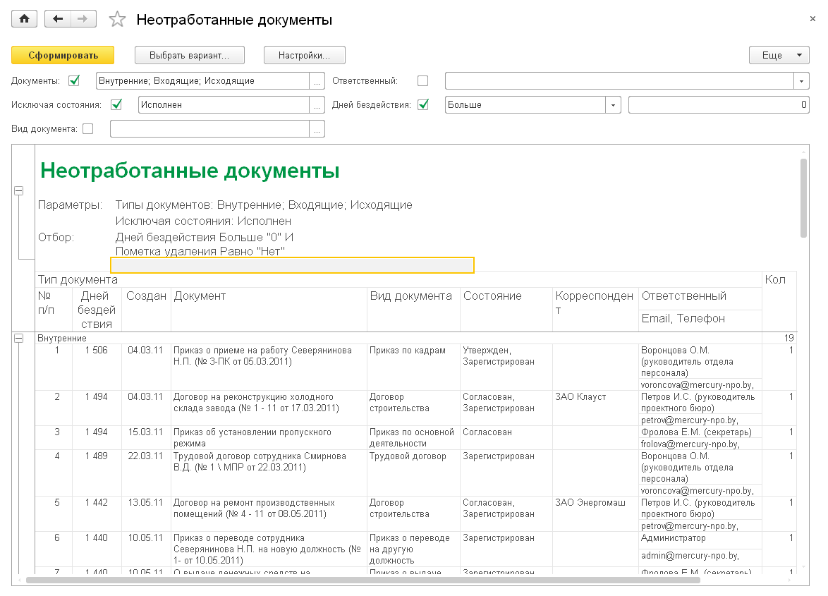 3.17. Отчет «Неотработанные документы» :: 1С:Документооборот ПРОФ для  Беларуси. Описание. Ред. 2.1